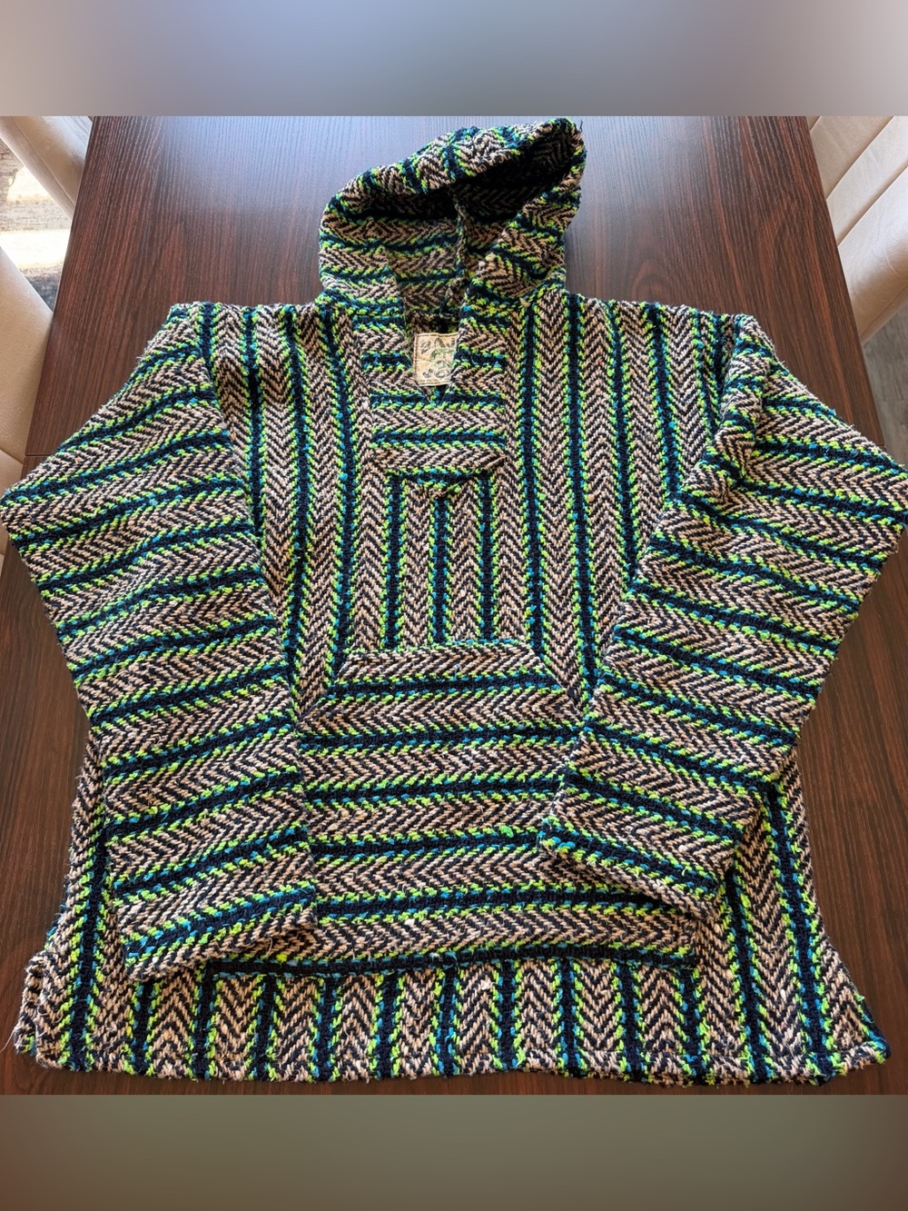 Baja Joe Mens Green Blue Striped Woven Hoodie Pullover Drug Rug Hoodie Size L